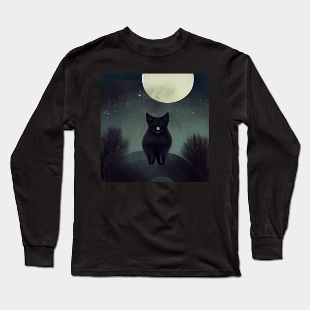 Black Cat Under Moon Abstract Long Sleeve T-Shirt by Legendary T-Shirts